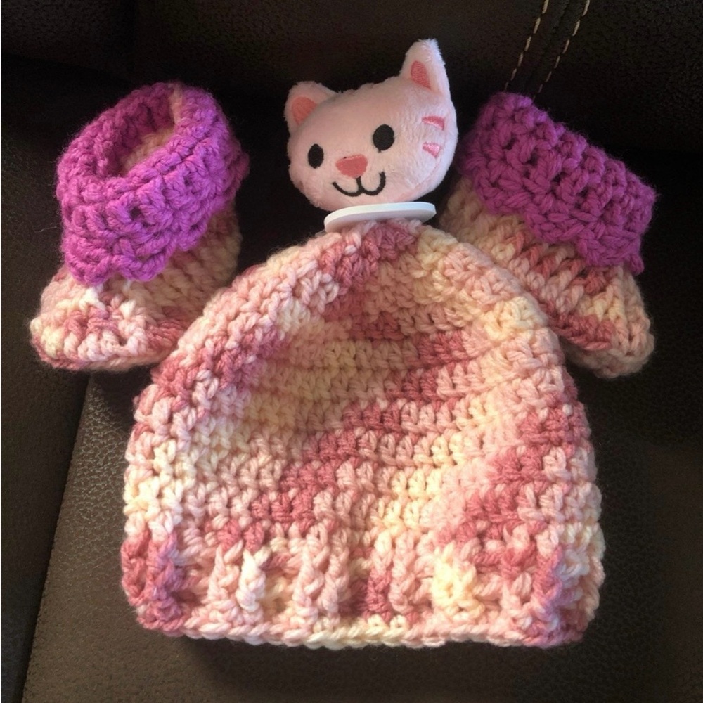 Charming Pink and Cream Crochet Baby Hat and Booties
